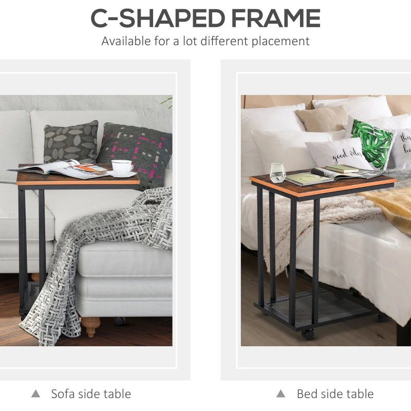HOMCOM Side Table that Slides under Couch, Mobile Sofa Side End Coffee Table Metal Frame Rolling Castors Storage Wooden Trolly