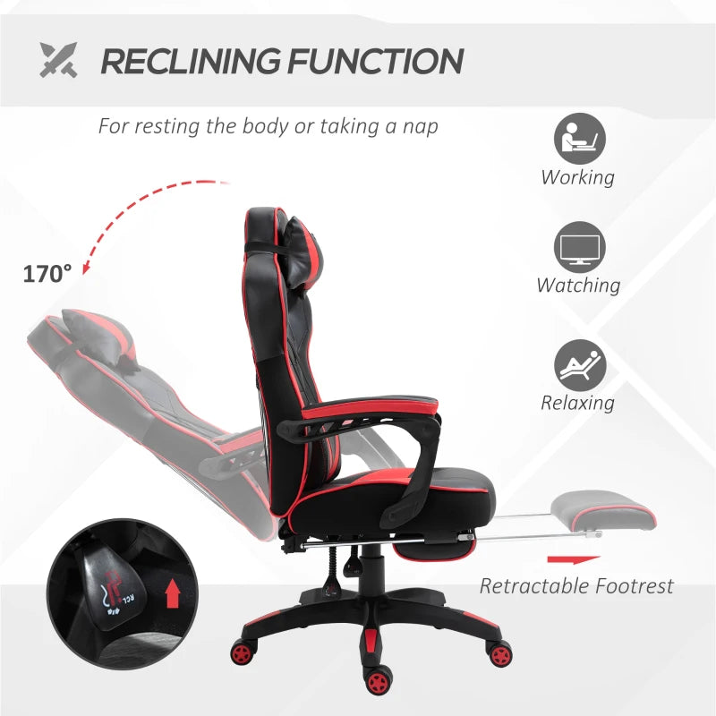 Vinsetto Swivel Gaming Chair with Footrest, PU Leather Computer Office Chair with Lumbar Support and Headrest, Black and Red