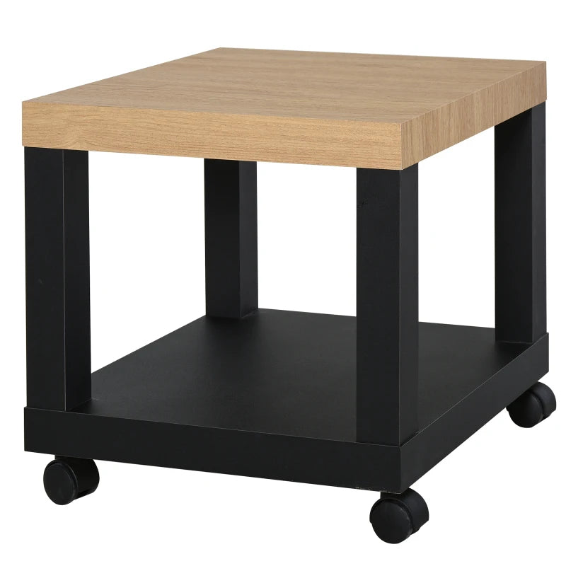 HOMCOM Sofa Side Table Square End Desk with Open Storage Shelf, Rolling Wheels, Free Moving for Home Office Studio