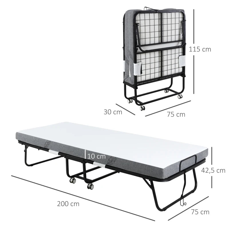 HOMCOM Guest Bed Folding Bed with Wheels Steel+Foam White+Black 200 x 80 x 42.5 cm