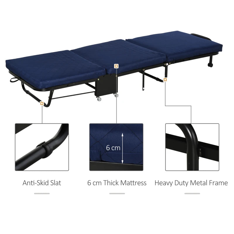 HOMCOM Foldable Guest Bed with 2.25 Inch/6cm Mattress and Adjustable Headrest with 5 Caster Wheels for Easy Storage