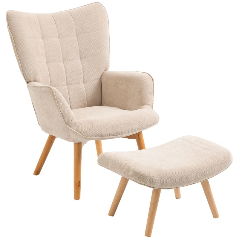 HOMCOM Modern Accent Chair with Ottoman, Living Room Chairs with Steel Frame, Wooden Legs for Living Room, Study, Bedroom and Home Office, Beige