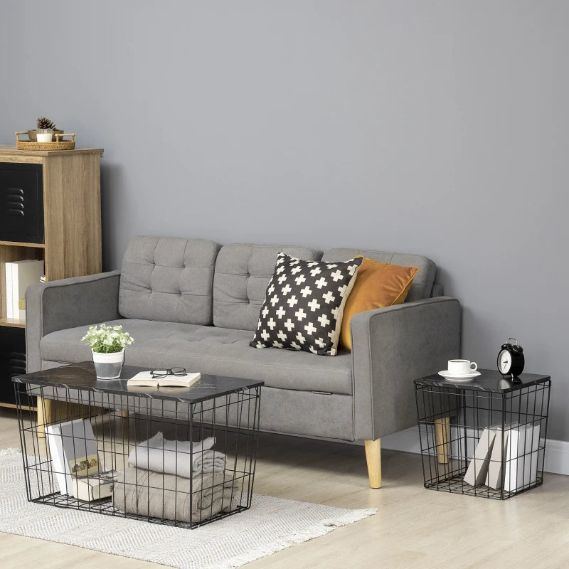 HOMCOM Side Table Marble Top, Black, with Storage, for Living Room Bedroom