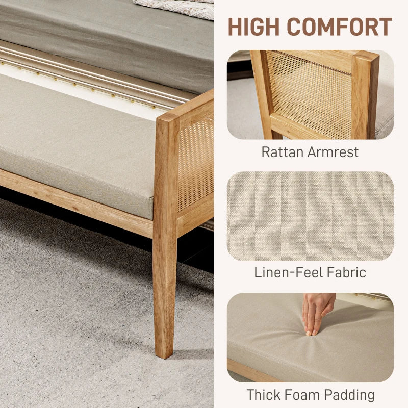 HOMCOM Linen-Look End of Bed Bench with Rattan Armrests and Solid Wood Frame 120 x 38 x 61.5 cm Beige