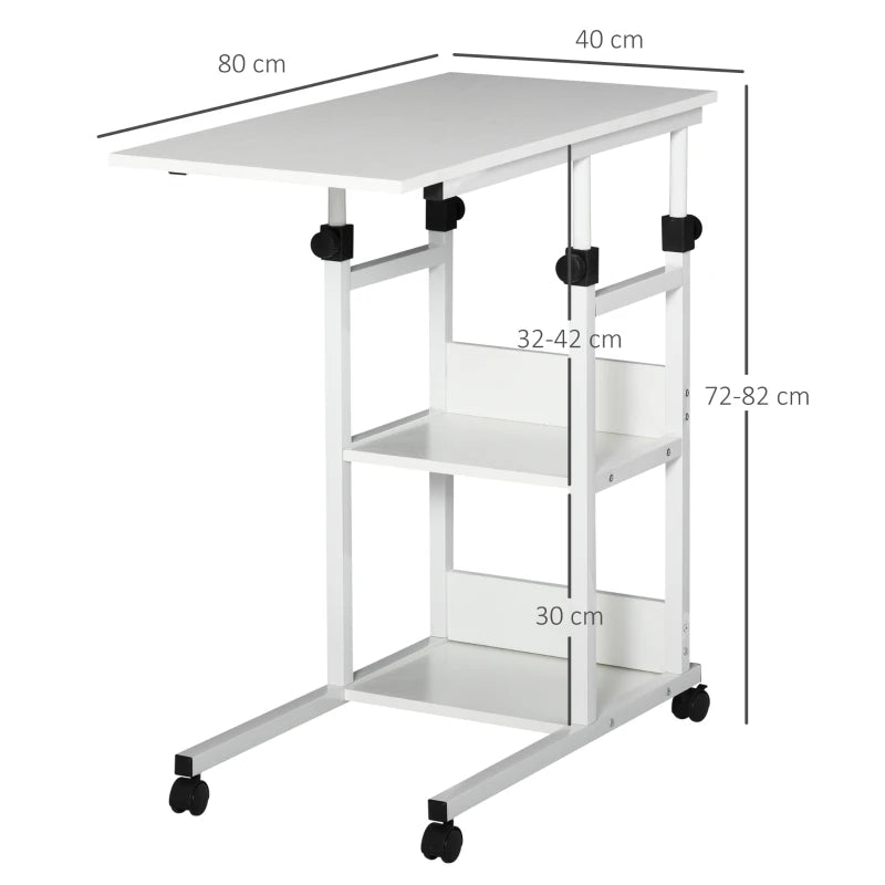 HOMCOM Side table with wheels, height adjustable, compact, 2 shelves, metal frame, 80x40x72-82 cm, White