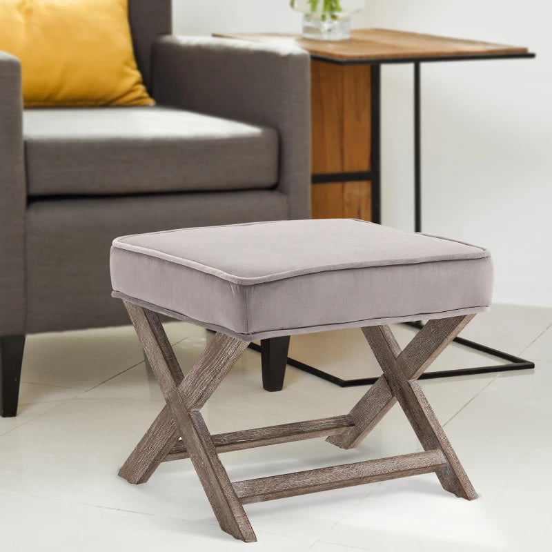 HOMCOM Vintage Footstool Padded Seat X Leg Chair Velvet Cover Shabby Chic Footrest Solid Rubber Wood Frame 49.5 x 45 x 41 cm Grey