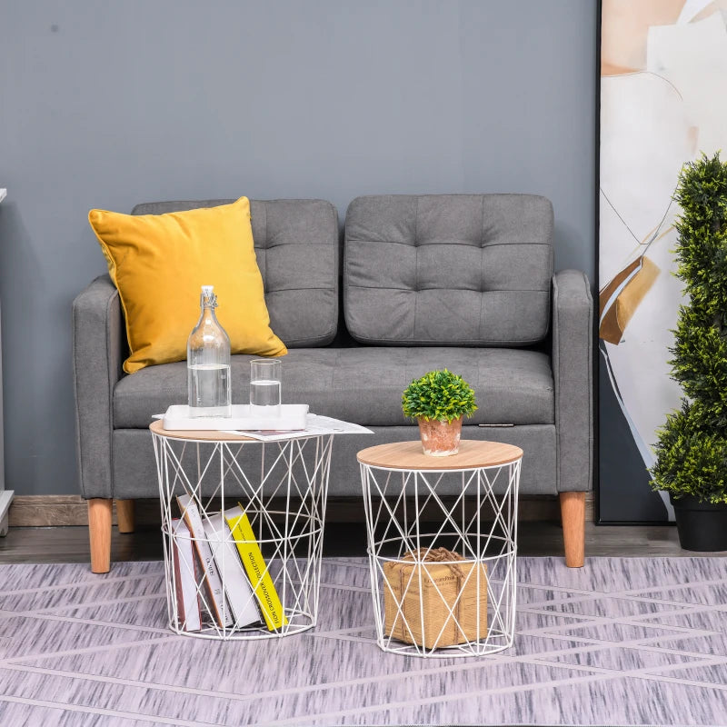 HOMCOM Set of 2 Metal Wire Side Coffee Table Sofa End Round Lift Top Storage Basket