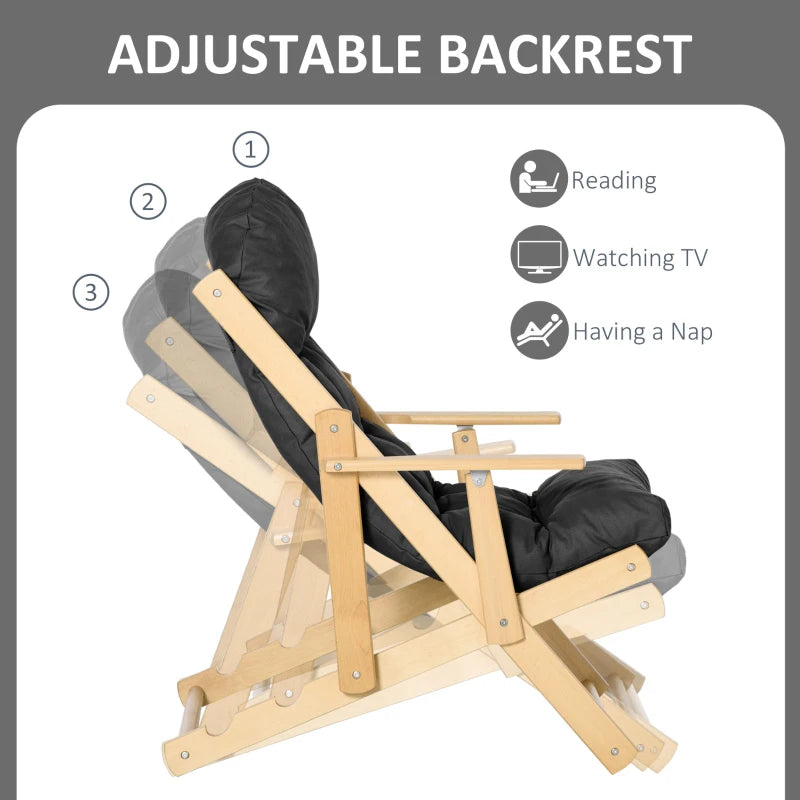 HOMCOM Folding and Reclining Wooden Lounge Chair Comfortable Relaxation Chair with Thick Tufted Cushion