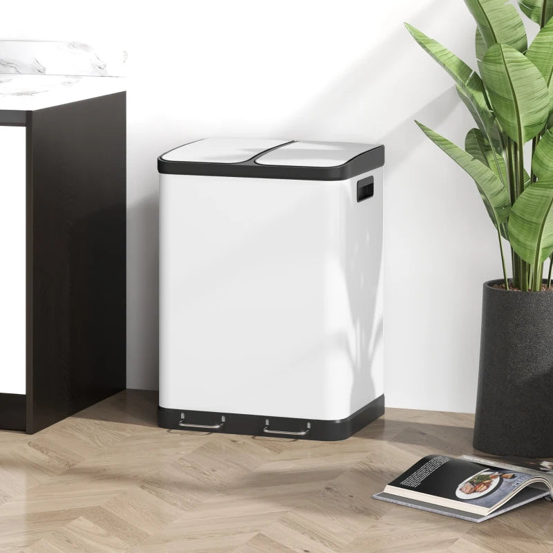 HOMCOM 60L White Kitchen Trash Can with Pedal, Stainless Steel, 2 Compartments, Soft-Close Lid