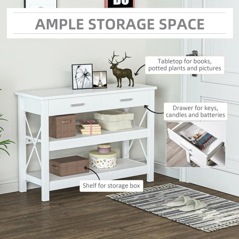 HOMCOM Entryway Console Sofa Table with 2 Drawers and Storage Shelves,Steel X-Frame, White