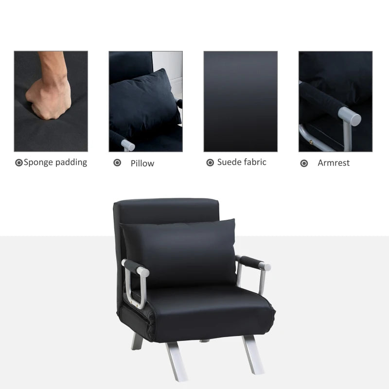 HOMCOM Convertible 1 Seater Armchair Sofa Bed Removable Grand Comfort Cushion Metal Armrest Feet Suede Black