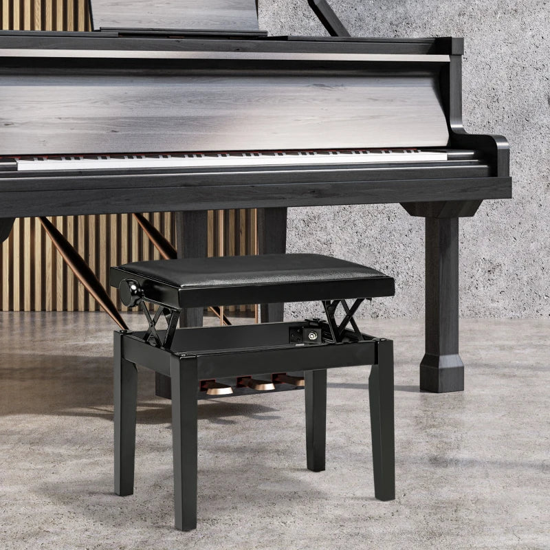 HOMCOM Piano Bench, Piano Stool, Height Adjustable, Elegant High Gloss, Faux Leather+Rubberwood, Black, 63 x 33 x 56cm