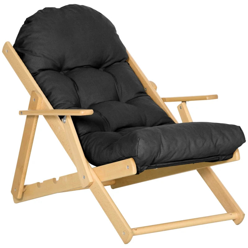 HOMCOM Folding and Reclining Wooden Lounge Chair Comfortable Relaxation Chair with Thick Tufted Cushion