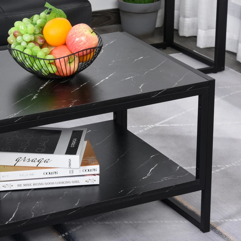 HOMCOM Coffee Table with Storage, 2-Tier Centre Table with Faux Marble Table Top, Bottom Shelf and Metal Frame, Modern Style Living Room Table, Black