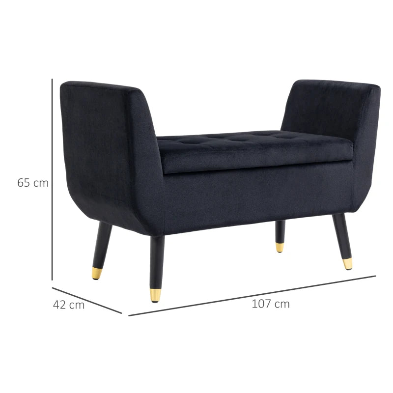 HOMCOM Luxury Ottoman Bench with Storage Armrests Trunk Bench Velvet-like Polyester Rubberwood Black 107 x 42 x 65 cm