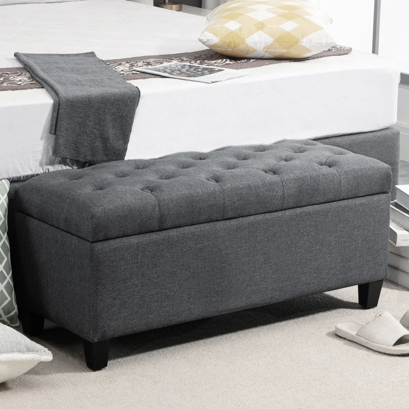 HOMCOM Upholstered Storage Bench Ottoman Classic Design with Linen-Like Fabric and Rubberwood Legs, Dark Grey