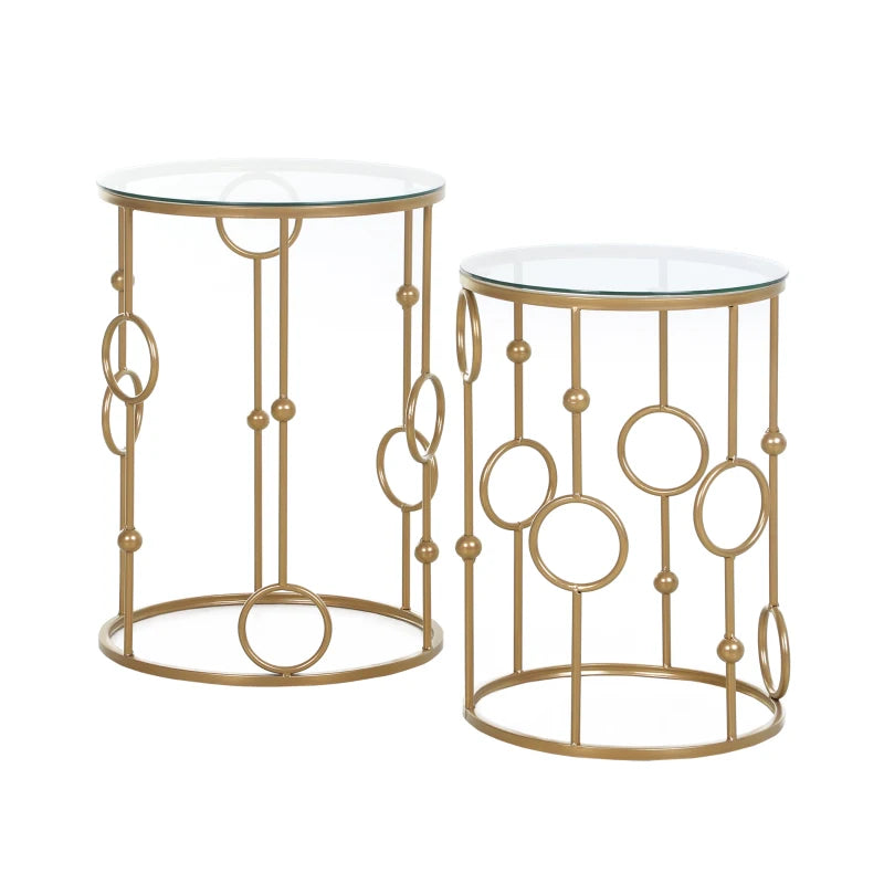 HOMCOM Round Coffee Tables Set of 2, Gold Nesting Side End Tables with Tempered Glass Top, Steel Frame for Living Room, Gold
