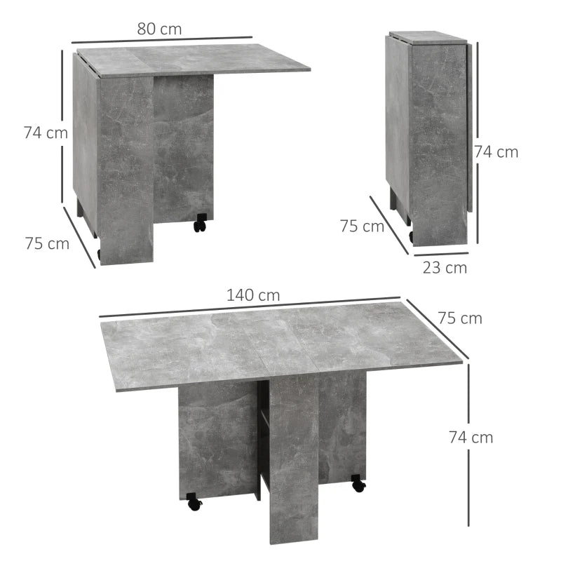 HOMCOM Folding Dining Table, Drop Leaf Table for Small Spaces with 2-tier Shelves, Small Kitchen Table with Rolling Casters, Cement Grey