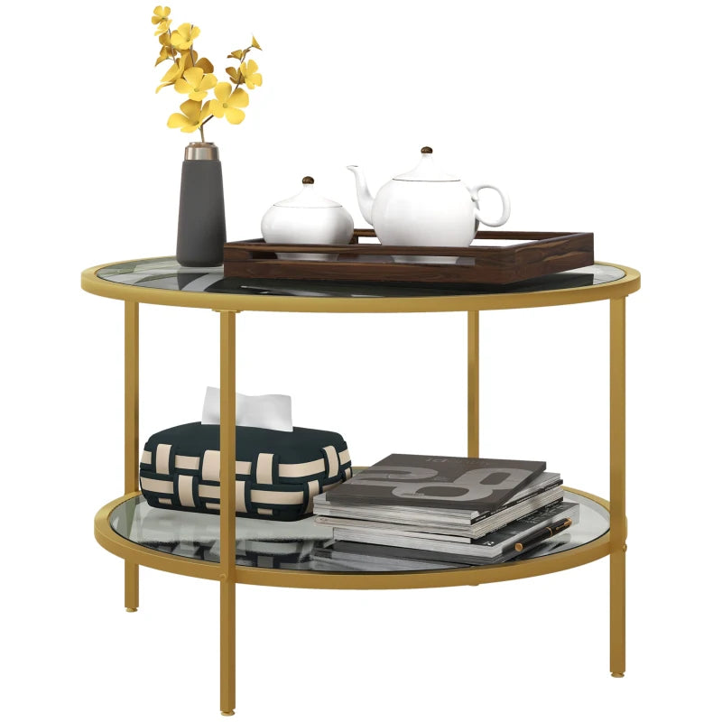 HOMCOM Round Coffee Table with Storage, 2-Tier Tempered Glass Coffee Table with Steel Frame for Living Room, Gold Tone