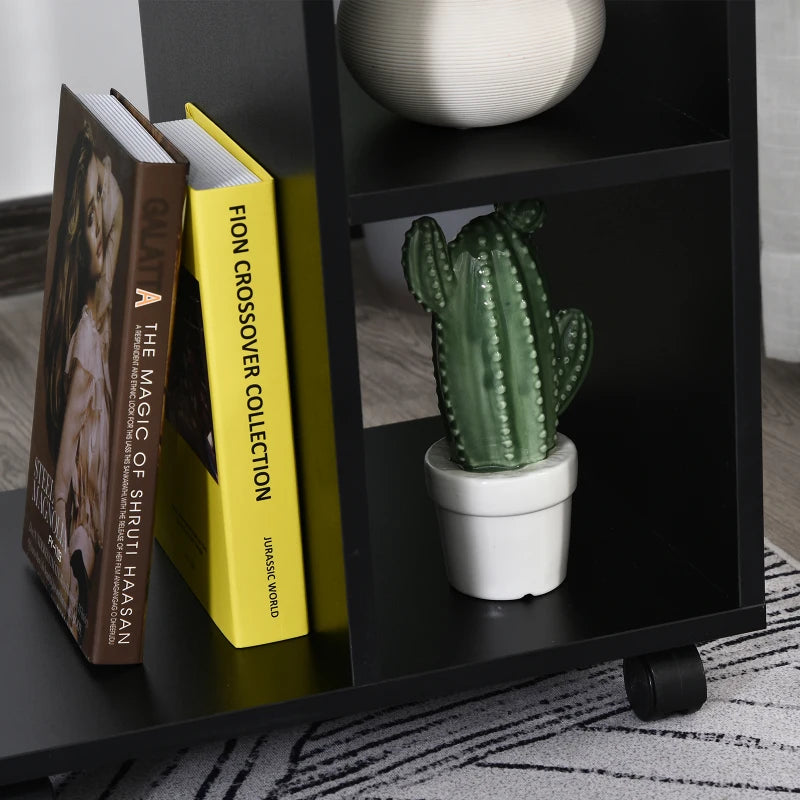 HOMCOM C-Shape End Table Unique Storage Unit w/ 2 Shelves 4 Wheels Freestanding Home Furniture Cabinet Square Black