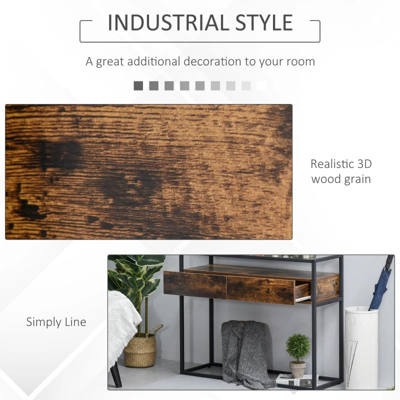 HOMCOM Entryway Console Table Desk with Drawers, Toughened Glass Shelf, 3D Wood Grain