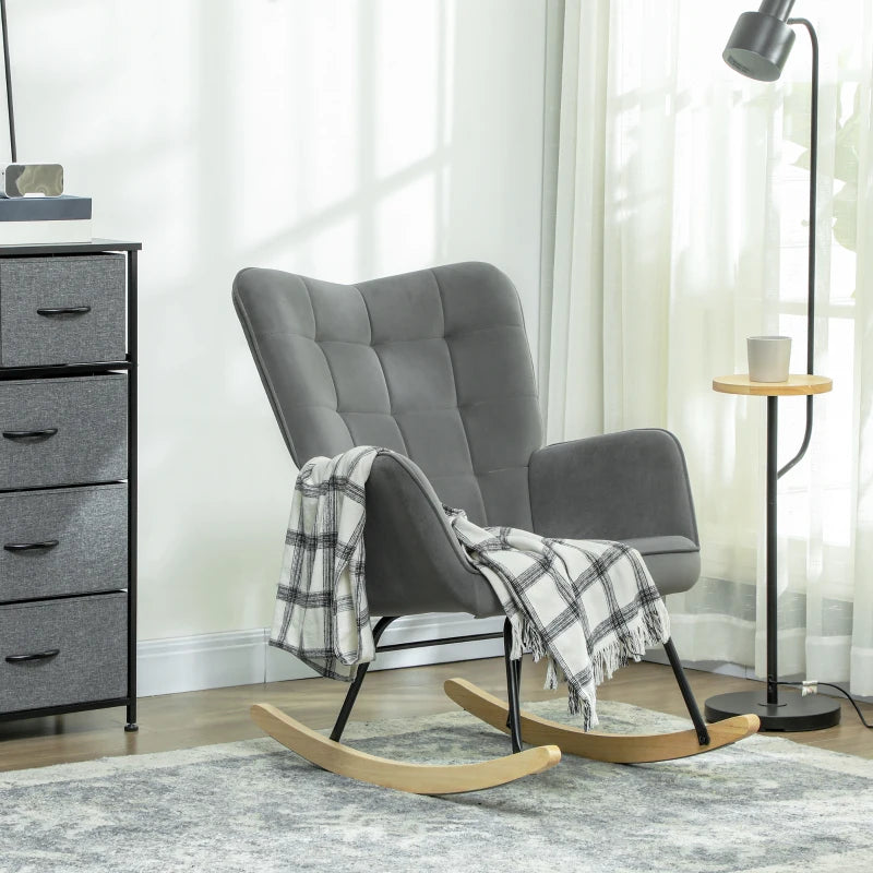 HOMCOM Vintage Rocking Chair, Curved Rockers, Thick Padding, Beechwood & Steel, Dark Gray
