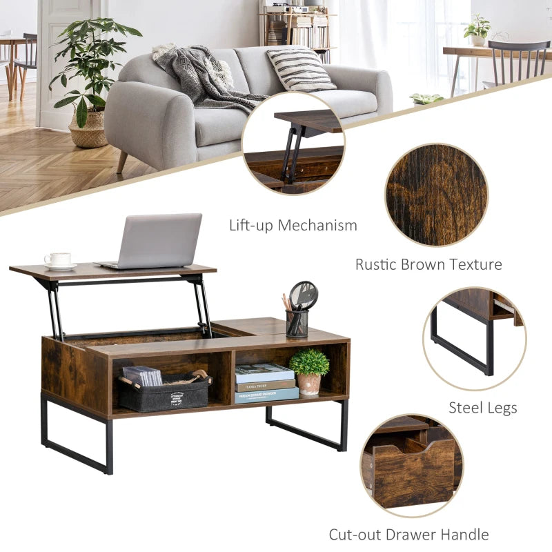 HOMCOM Lift Top Coffee Table, Industrial Coffee Table with Hidden Storage, Drawer and 2 Compartments, Extendable Living Room Table with Metal Frame, Rustic Brown