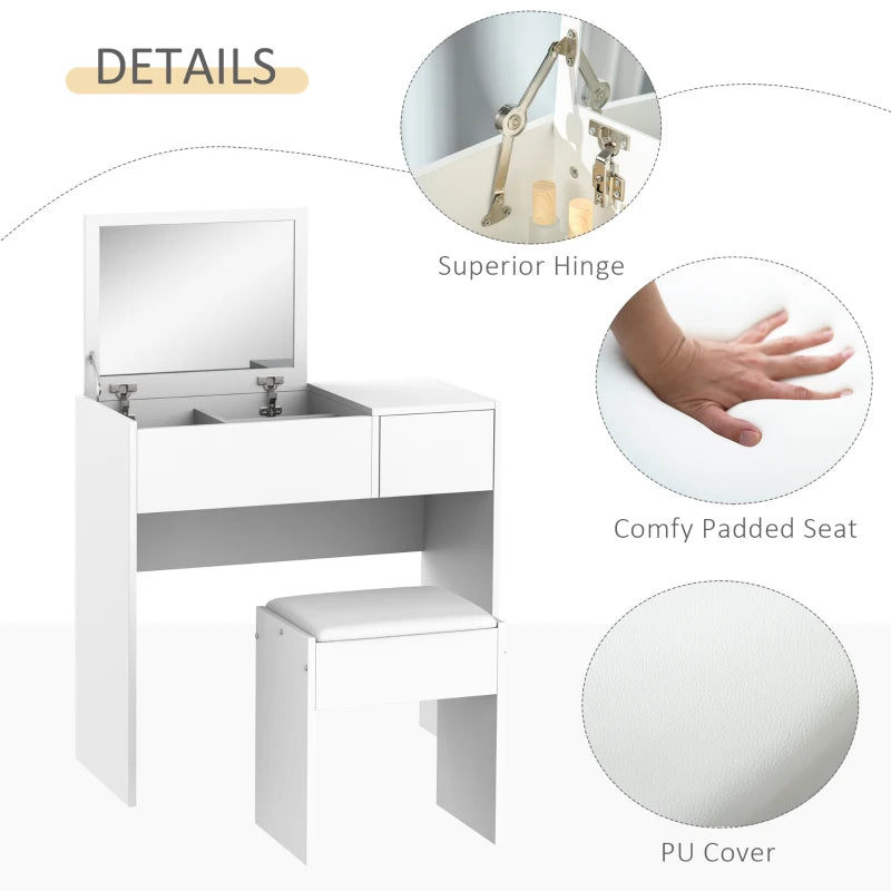 HOMCOM Makeup Desk with Drawer, Vanity Table Set with Flip-up Mirror and Cushioned Stool, White