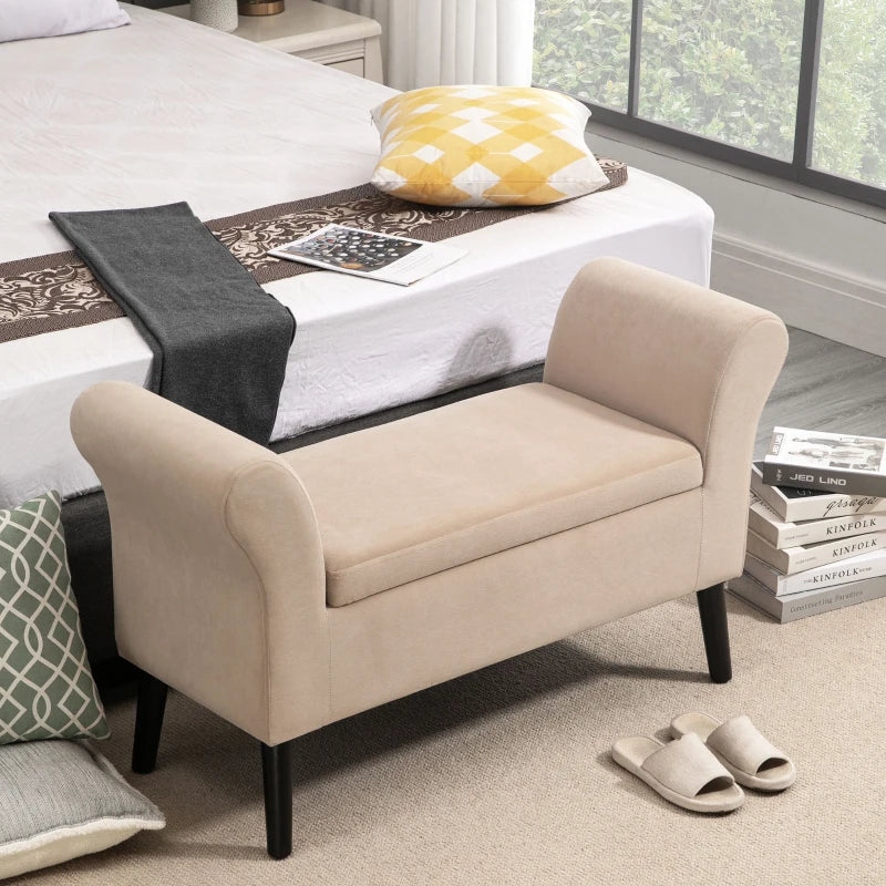 HOMCOM Ottoman Bench with Storage Armrests Chest Bench Modern Hallway Bedroom Living Room Velvet Polyester Rubberwood Beige 111.5 x 41 x 65 cm