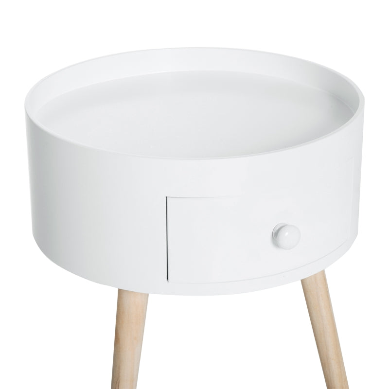 HOMCOM Modern Round Coffee Table Wooden Side Table Living Room Storage Unit w/ Drawer Wood Leg - White