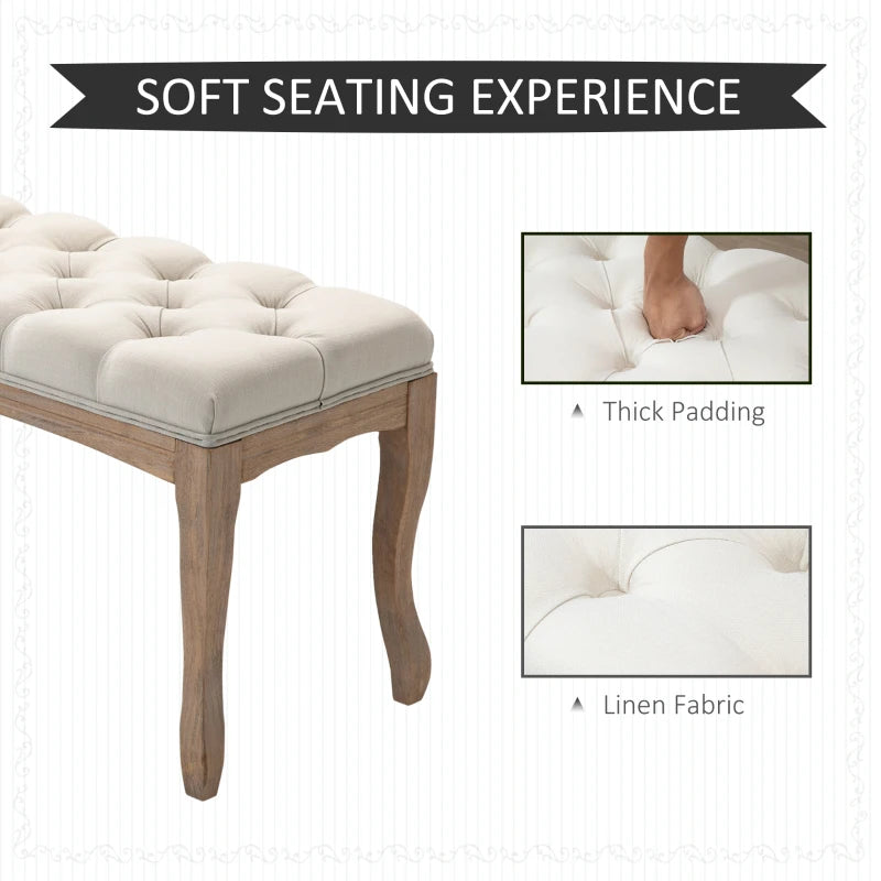 HOMCOM 110cm Upholstered Bench, Linen Fabric Ottoman Stool with Button Tufted Seat, and Rubber Wood Legs for Living Room, Bedroom, or Hallway, Beige