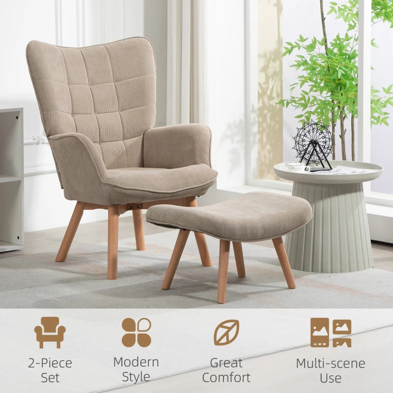 HOMCOM Accent Chair with Ottoman, Lounge Chair in Corduroy Look, Armchair with Wooden Legs, for Living Room, Light Brown