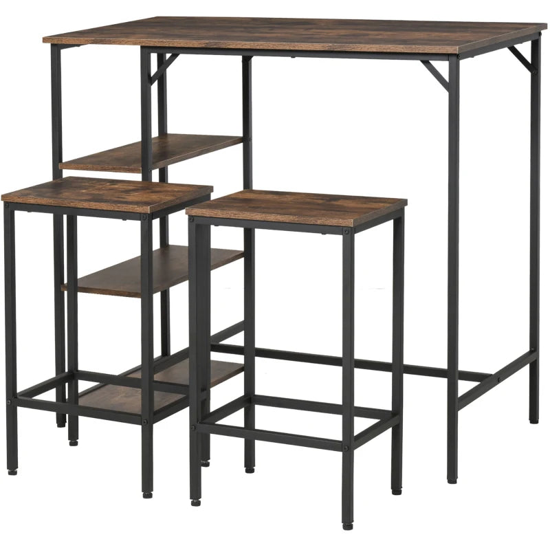 HOMCOM 3 Piece Industrial Bar Table Set, Bar Table with 2 Stools and Side Shelf, Kitchen Table and Chairs for Dining Room, Dinette