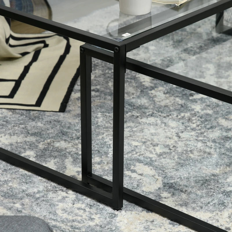 HOMCOM Set of 2 Coffee Tables, Glass Tables, with Powder-Coated Steel, Black + Transparent
