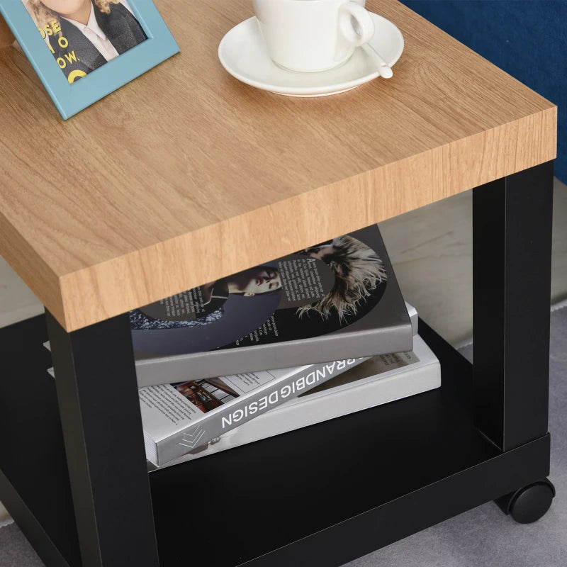 HOMCOM Sofa Side Table Square End Desk with Open Storage Shelf, Rolling Wheels, Free Moving for Home Office Studio
