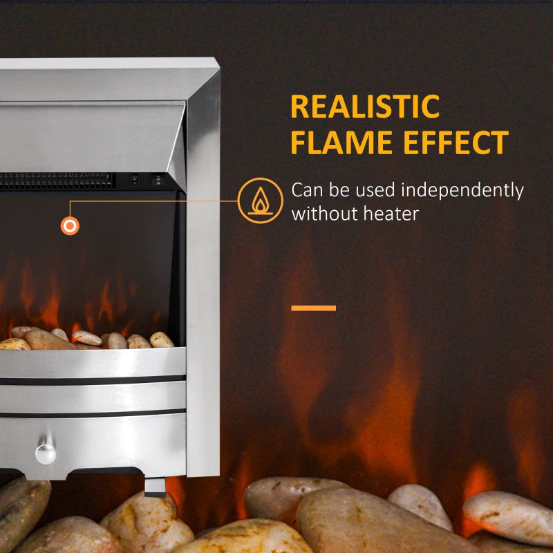 HOMCOM Installing Electric Fireplace, 2000W, Pebble Burning Effect Heater Fire Flame Indoor LED Lighting - Stainless Steel