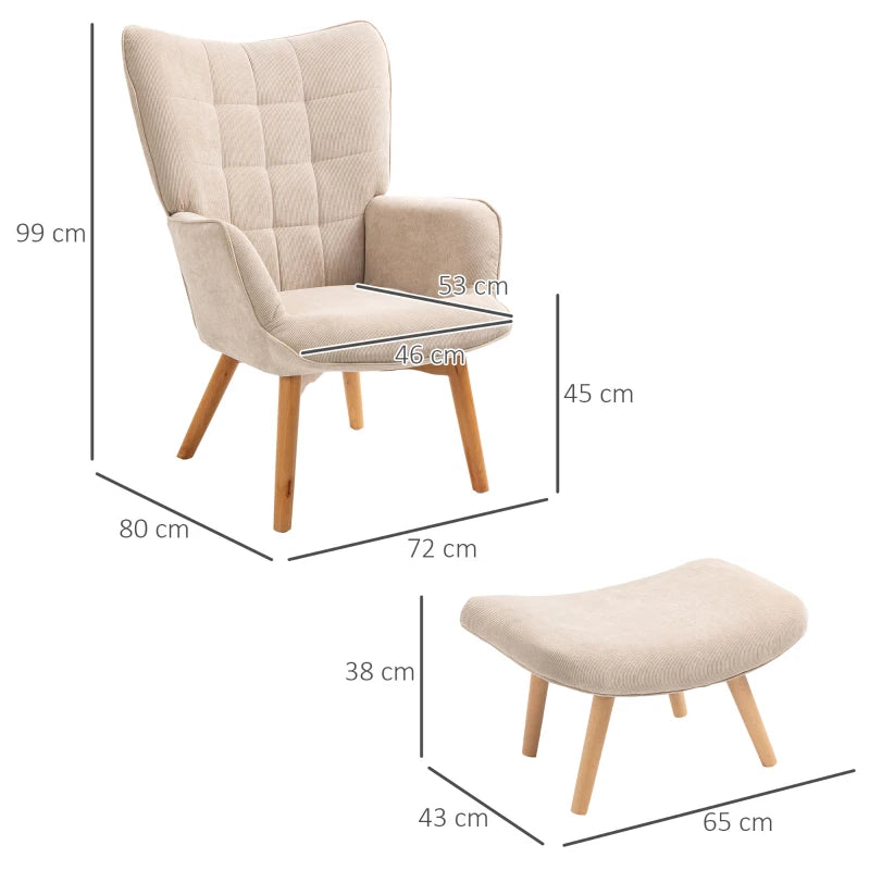 HOMCOM Modern Accent Chair with Ottoman, Living Room Chairs with Steel Frame, Wooden Legs for Living Room, Study, Bedroom and Home Office, Beige