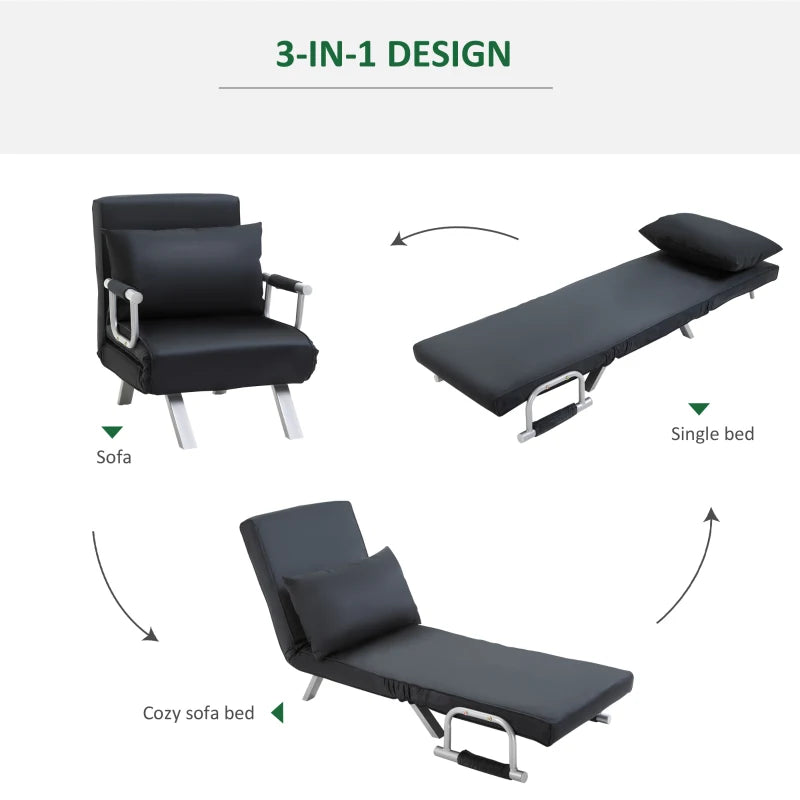 HOMCOM Convertible 1 Seater Armchair Sofa Bed Removable Grand Comfort Cushion Metal Armrest Feet Suede Black