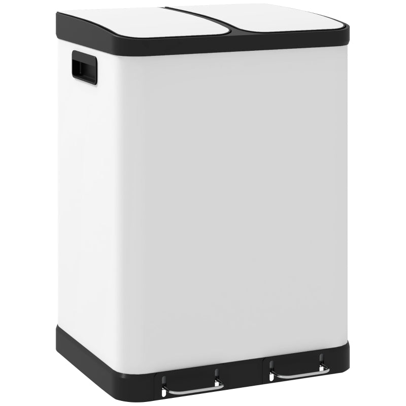 HOMCOM 60L White Kitchen Trash Can with Pedal, Stainless Steel, 2 Compartments, Soft-Close Lid