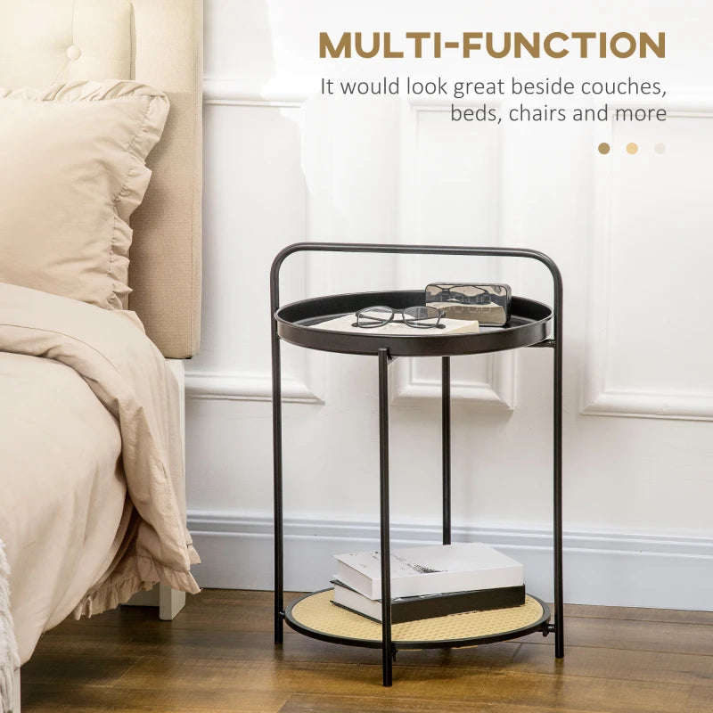 HOMCOM Round End Table, 2-Tier Side Table with Removable Tray, Rattan Top and Metal Frame, Bedside Table for Living Room, Bedroom, Black