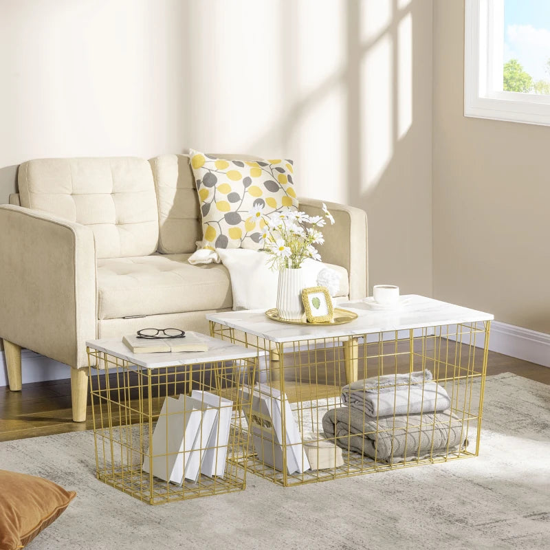 HOMCOM Nest of Tables, End Tables Set of 2 with Faux Marble Top and Wire Metal Frame, Nesting Coffee Tables for Living Room, White and Gold