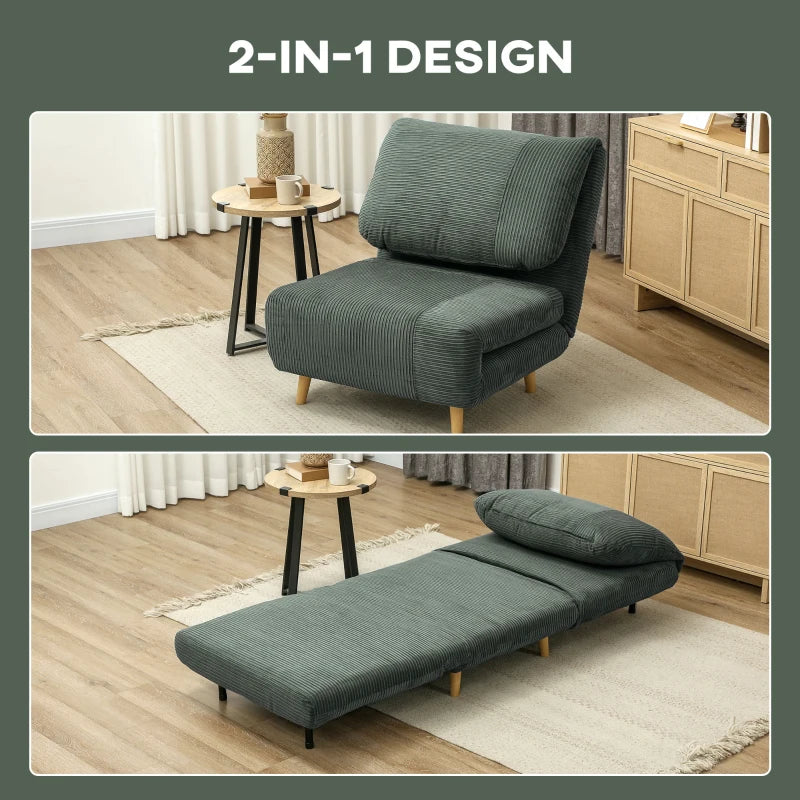 HOMCOM 2-in-1 Sleeper Chair Guest Bed, Adjustable Headrest Corduroy Look 82 cm x 89 cm x 83 cm Green