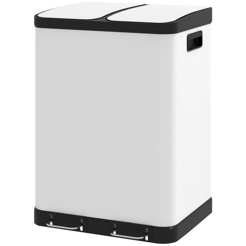 HOMCOM 60L White Kitchen Trash Can with Pedal, Stainless Steel, 2 Compartments, Soft-Close Lid