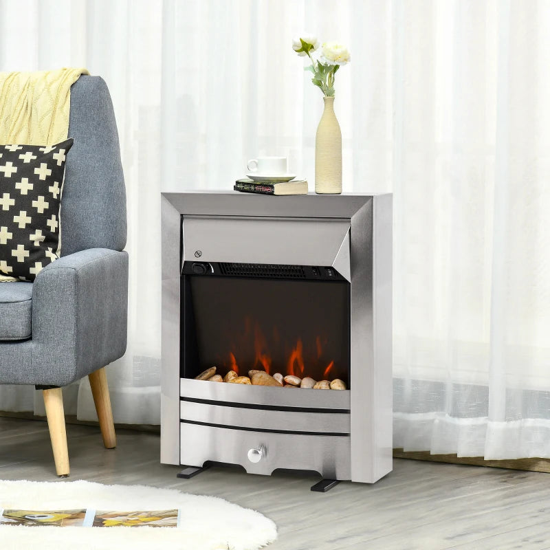 HOMCOM Installing Electric Fireplace, 2000W, Pebble Burning Effect Heater Fire Flame Indoor LED Lighting - Stainless Steel