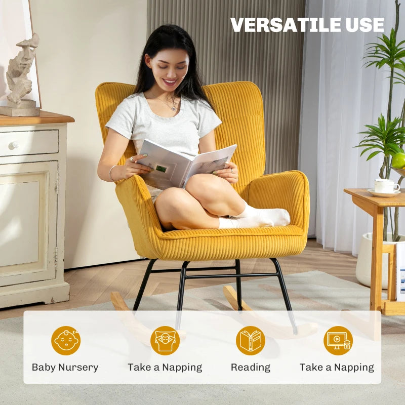 HOMCOM Vintage Rocking Chair, Curved Rockers, Thick Padding, Beech Wood & Steel, Yellow