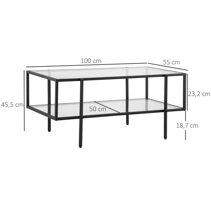 HOMCOM Side Table Glass Coffee Table with Shelf Adjustable Feet with Steel Frame Glass Top Tempered Glass Black 100 x 55 x 45.5 cm