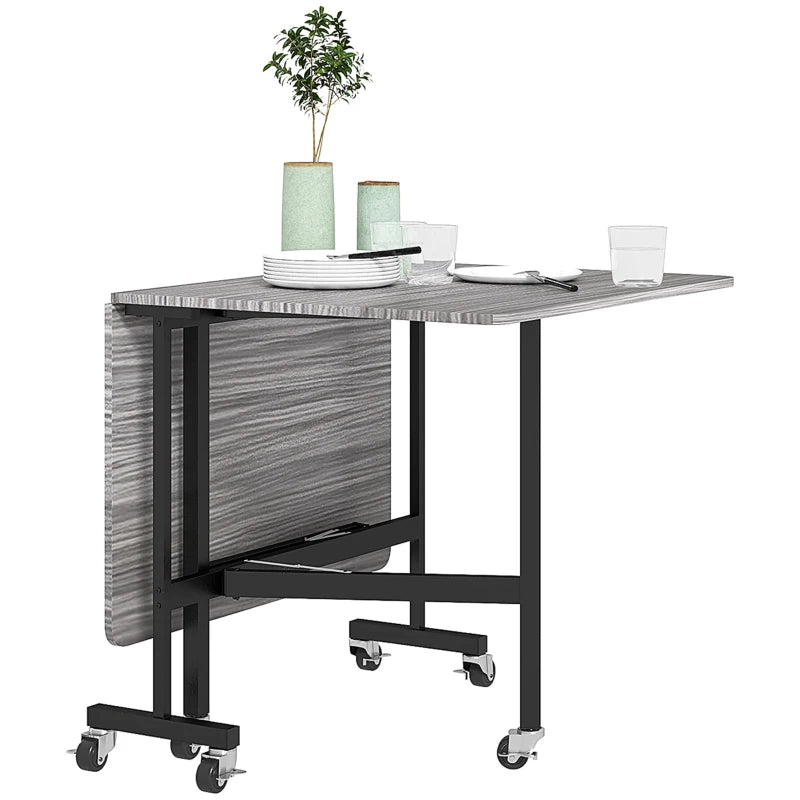 HOMCOM Mobile Drop Leaf Table, Folding Dining Table with 6 Wheels & Brakes, Kitchen Table for Small Spaces, Grey