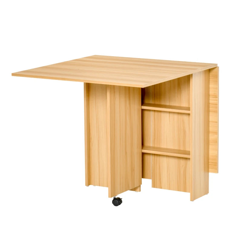 HOMCOM Drop Leaf Dining Table with Storage Shelves, Folding Kitchen Table, Writing Desk with 2 Wheels, Brown