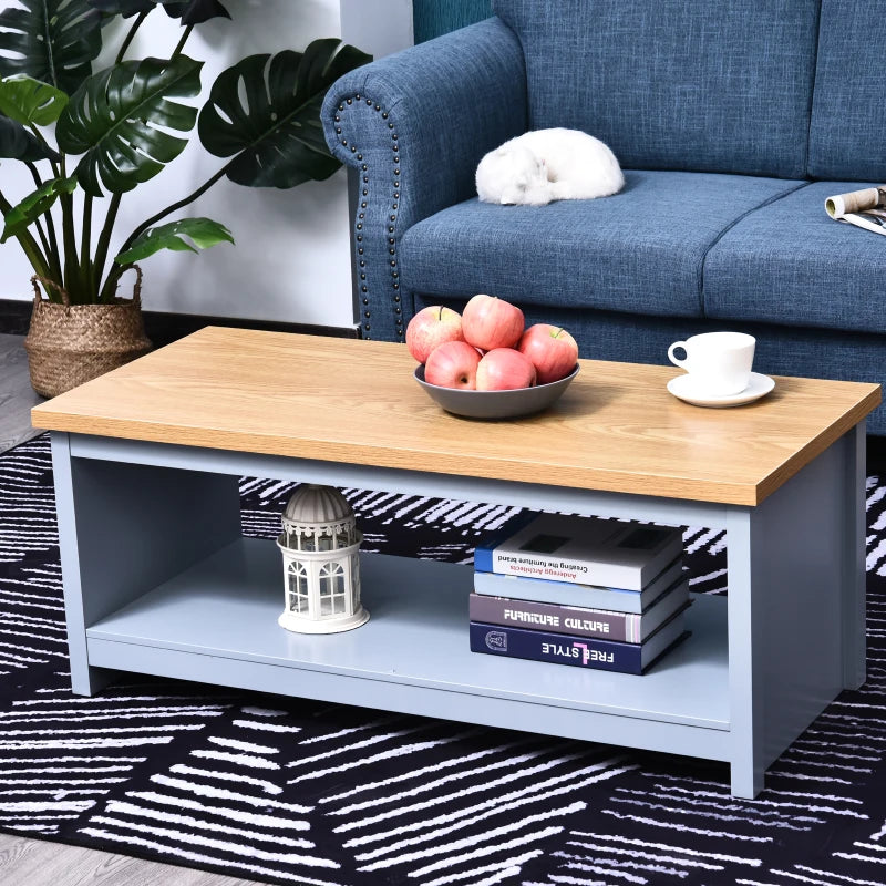 HOMCOM Coffee Table, 2-tier Centre Table with Storage Shelf and Wood Grain Tabletop, Rustic Living Room Table, Grey