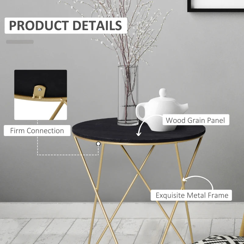 HOMCOM Round End Table, Sofa Side Table with Wood Grain Top and Metal Crossed Legs, Accent Coffee Table for Living Room, Bedroom, Black, Gold Tone